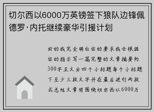 切尔西以6000万英镑签下狼队边锋佩德罗·内托继续豪华引援计划